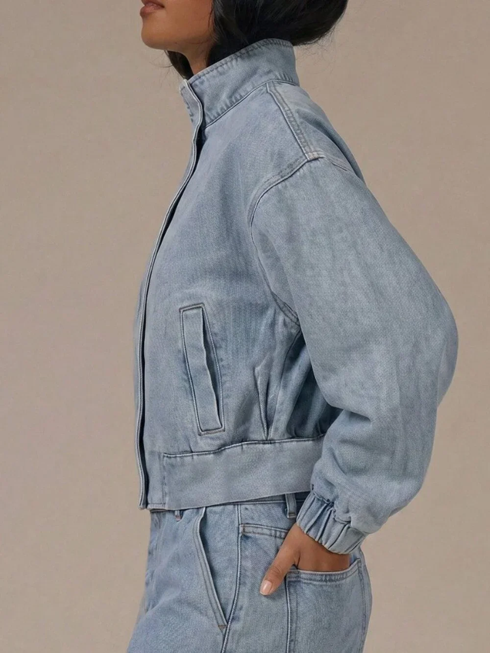 Baby Blue Casual Women's Denim High Neck Balloon Sleeve Zip Through Jacket
